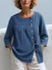 Washed Denim Round Neck Diagonal Button Bust Gathered Side Tie 3/4 Sleeve Loose Casual Blouse