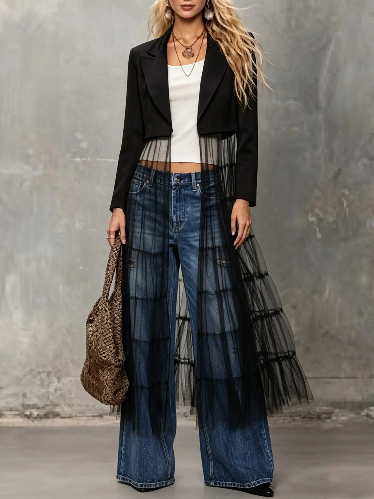 Women's Long Mesh Patchwork Crop Blazer