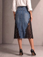 Women's High-waisted Loose-fit A-line Denim Skirt With Lace Paneling