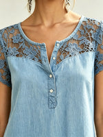Women's Lace Panel V-Neck Pocket Denim Dress