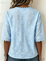 Vintage-style Casual Short-sleeve Shirt Featuring A V-neck, Lace Cut-out Patchwork, And Embroidery