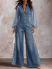 Stand Collar Front Zip Sheer Chiffon Puff Long Sleeve Side Lace Splice Washed Denim Wide Leg Jumpsuit