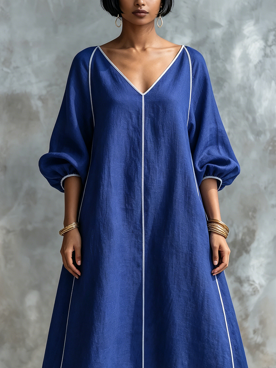 Minimalist Elegant Cotton-linen Lantern-sleeve Dress With Piping Detail