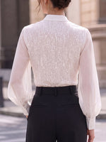 Women's Solid Color V-neck Long-sleeve Loose-fit Casual Chiffon Shirt With Sequin Panels