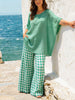 Womens Textured Cotton Linen Top & Gingham Wide Leg Pants Two Piece Set