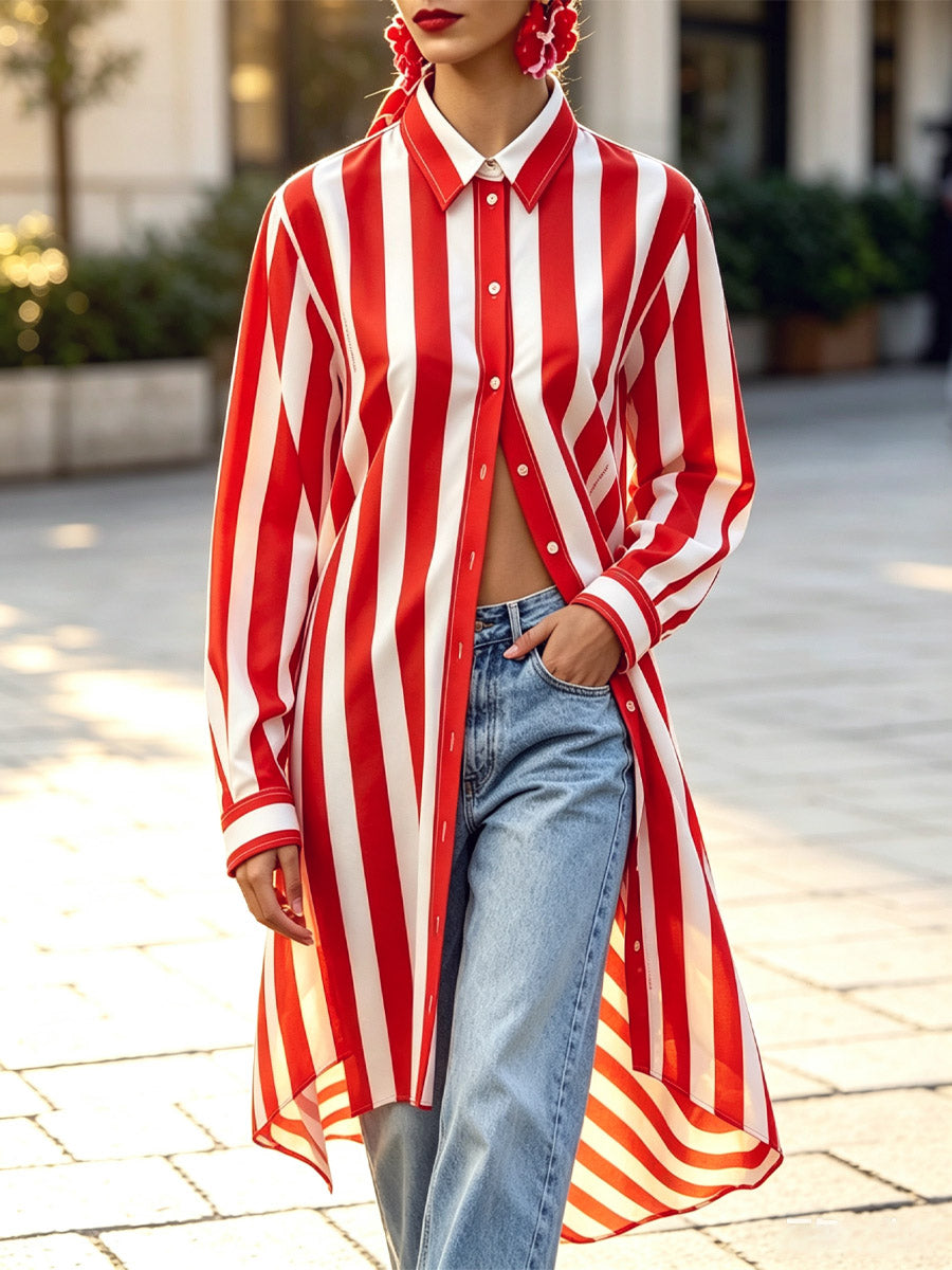 Retro Chic Striped Pattern Art Long Sleeve Casual Stylish Lapel Shirt