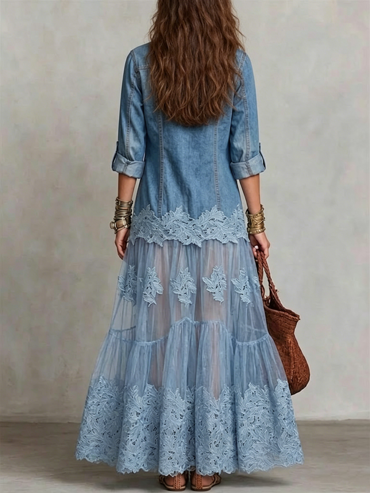 Denim V-neck Ankle-length Dress Featuring Appliqué, Cut-out Lace Paneling, And A Flowy Silhouette