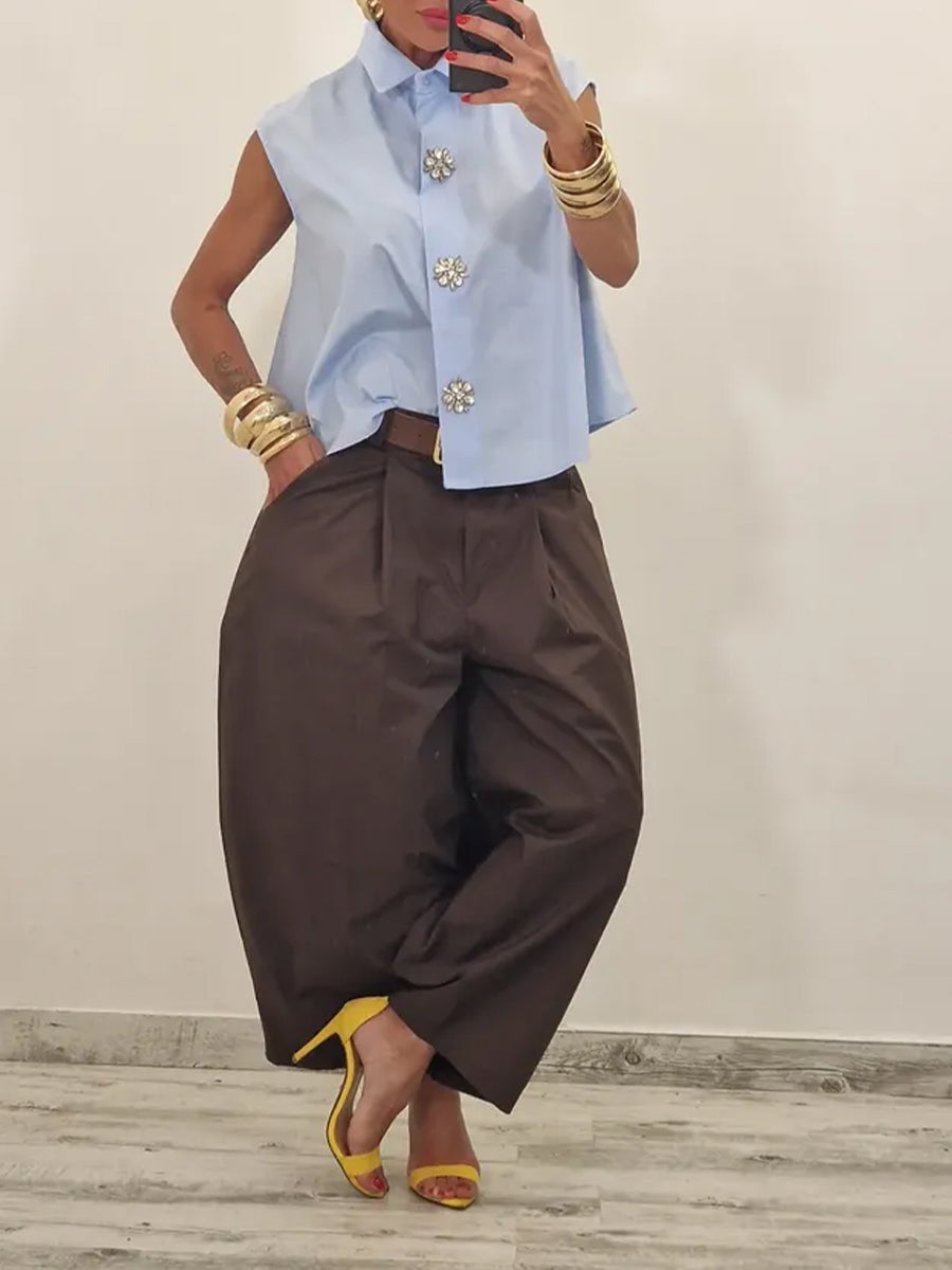 Casual Sleeveless Cotton Shirt With Decorative Rhinestone Buttons