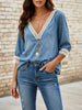 Women's Solid Lace V-Neck 3/4 Sleeve Denim Blouse