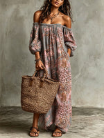 Women's Off Shoulder Puff Sleeve Pink Leopard Print Flowy Maxi Dress With Pockets