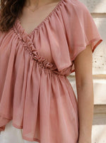 Women’s Ruffle V Neck Flutter Short Sleeve Chiffon Peplum Blouse