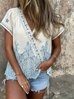 Women's Starfish Embroidery Hollow Lace Spliced V Neck Short Sleeve Blouse