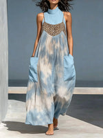 Women Tie Dye Gradient Leopard Print Patchwork Mock Neck Spaghetti Strap Loose Maxi Dress