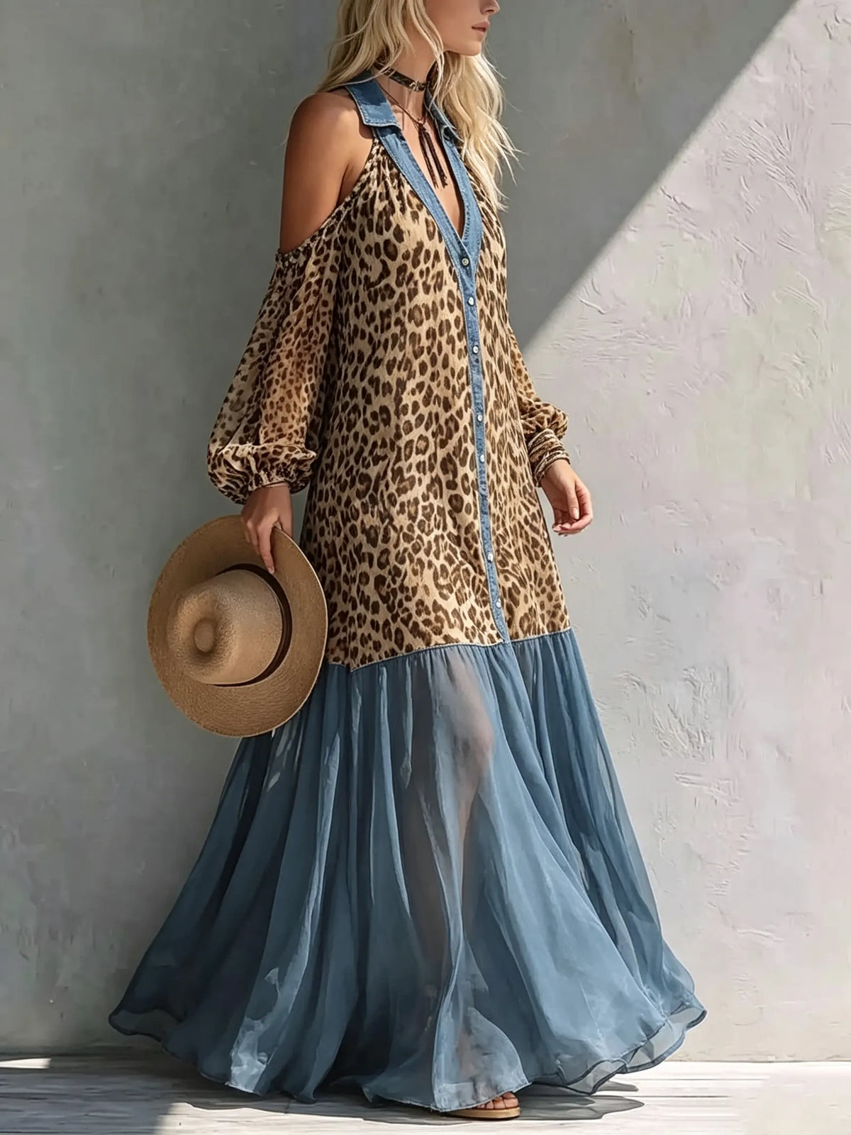 Women's Leopard Print Chiffon Denim Patchwork Cold Shoulder Maxi Dress