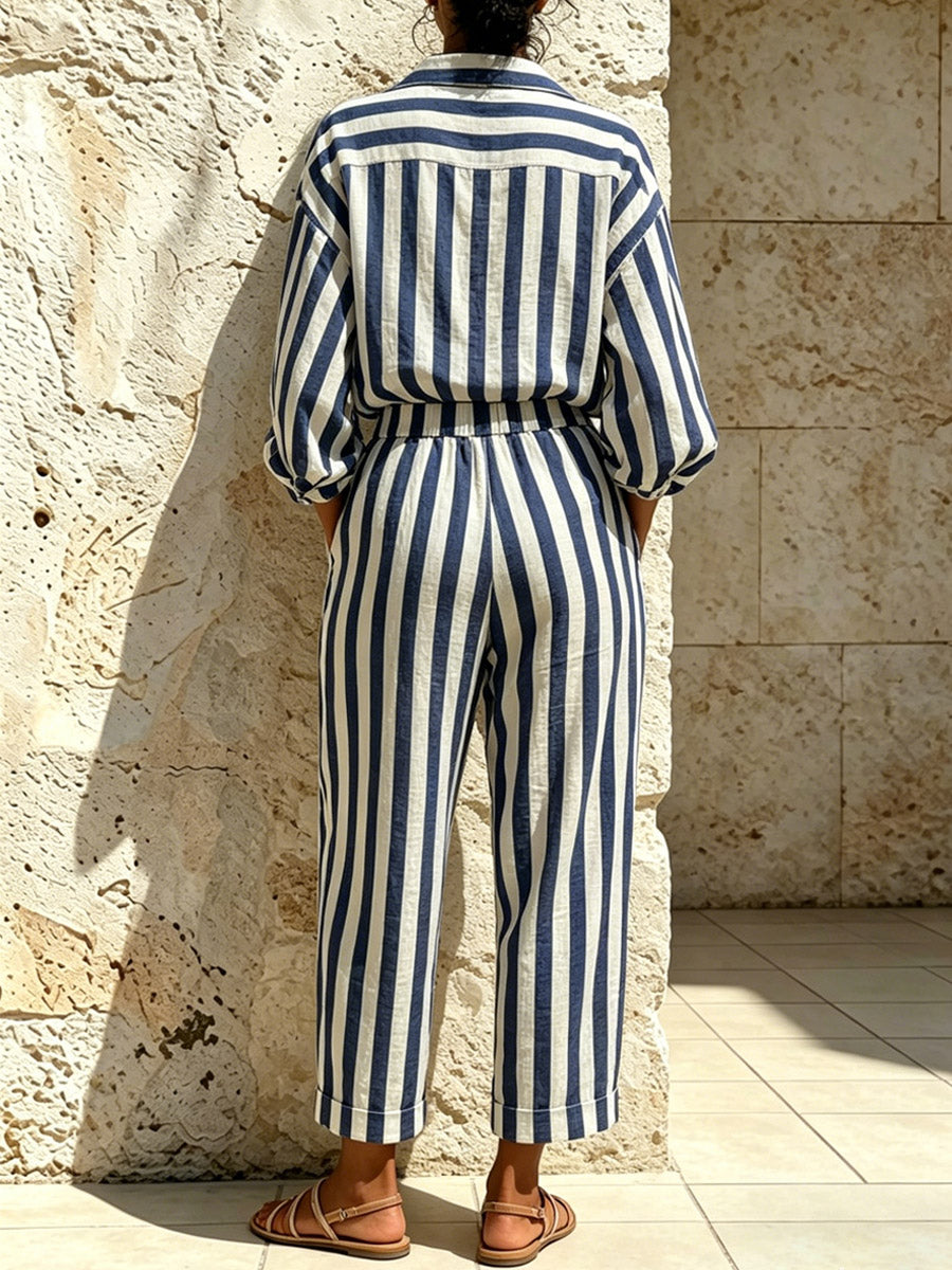 Women's Striped Art Casual Top And Pants Cotton And Linen Two-piece Set