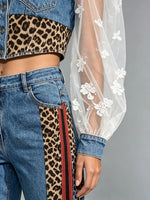 Women's Leopard Stripe Mesh Puff Sleeve Denim Top & Flare Pants Set