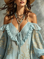 Women's Gold Foil Leopard Print Ruffle Off Shoulder Puff Sleeve Beach Mini Dress