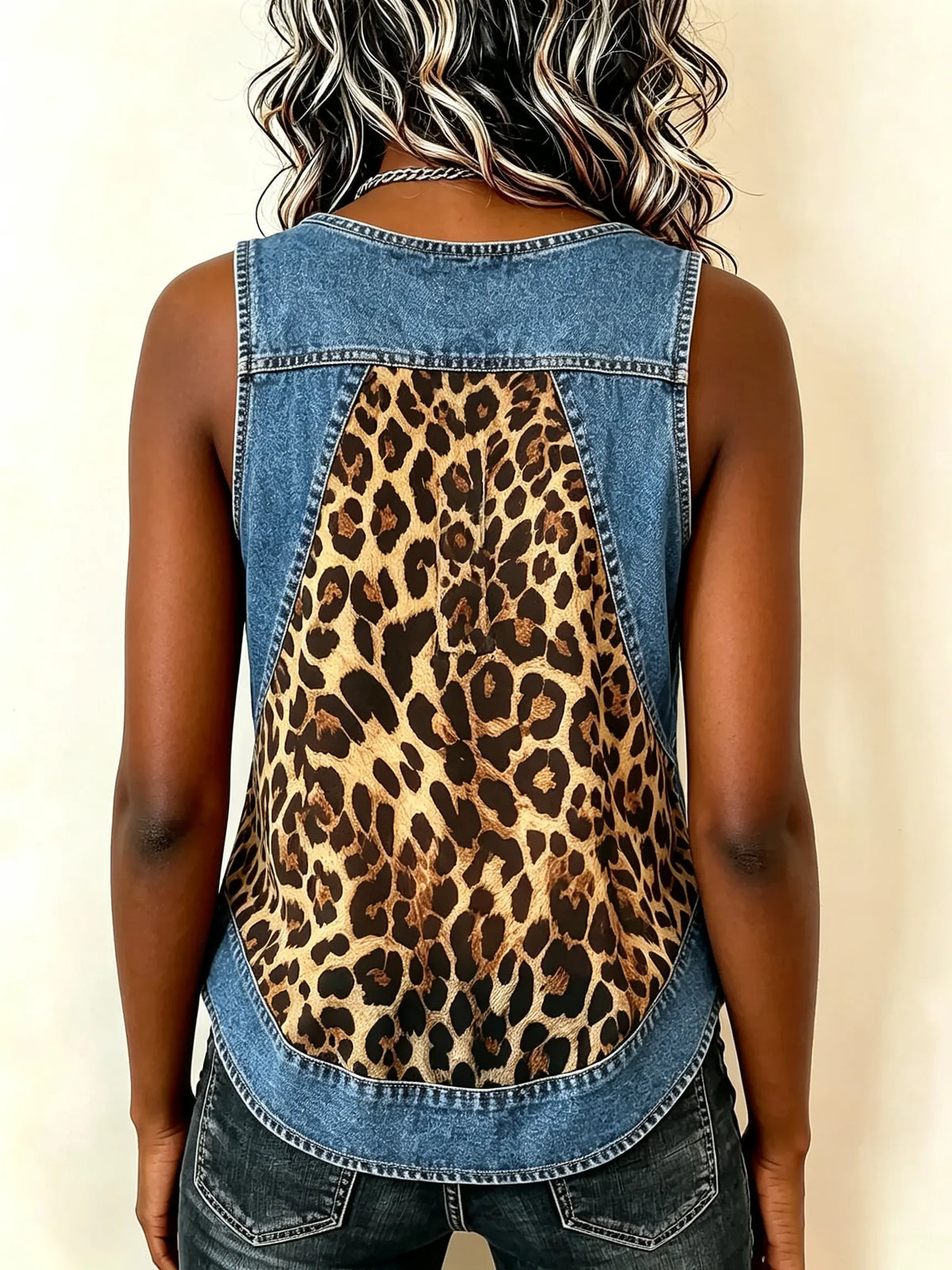 Women's Leopard Print Denim Patchwork U Neck Casual Tank Top