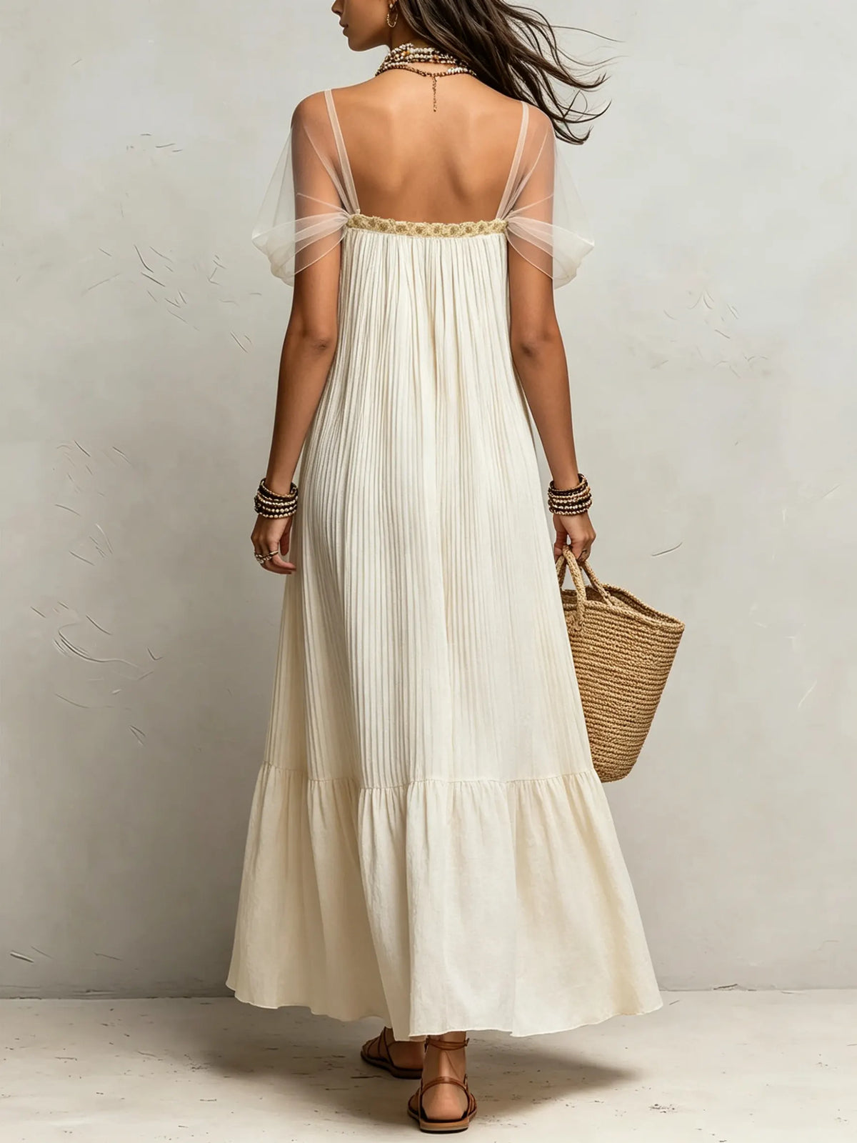 Women's Pleated Sheer-Sleeve Ruffle Maxi Dress