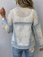 Wash Frayed Denim Splice Sequin Floral Sheer Lace Loose Lapel Jacket