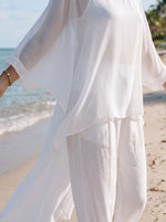 Womens Sheer Batwing Flowy Top & Wide Leg Pants Cotton Linen Two Piece Set