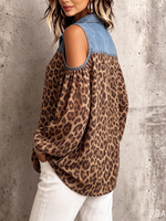Casual Denim-paneled Leopard Print Chiffon Shirt