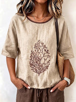 Women's Casual Loose-fit Cotton-linen Top With Placement Embroidery, Crew Neck, And 3/4 Sleeves With Drawstring Detail