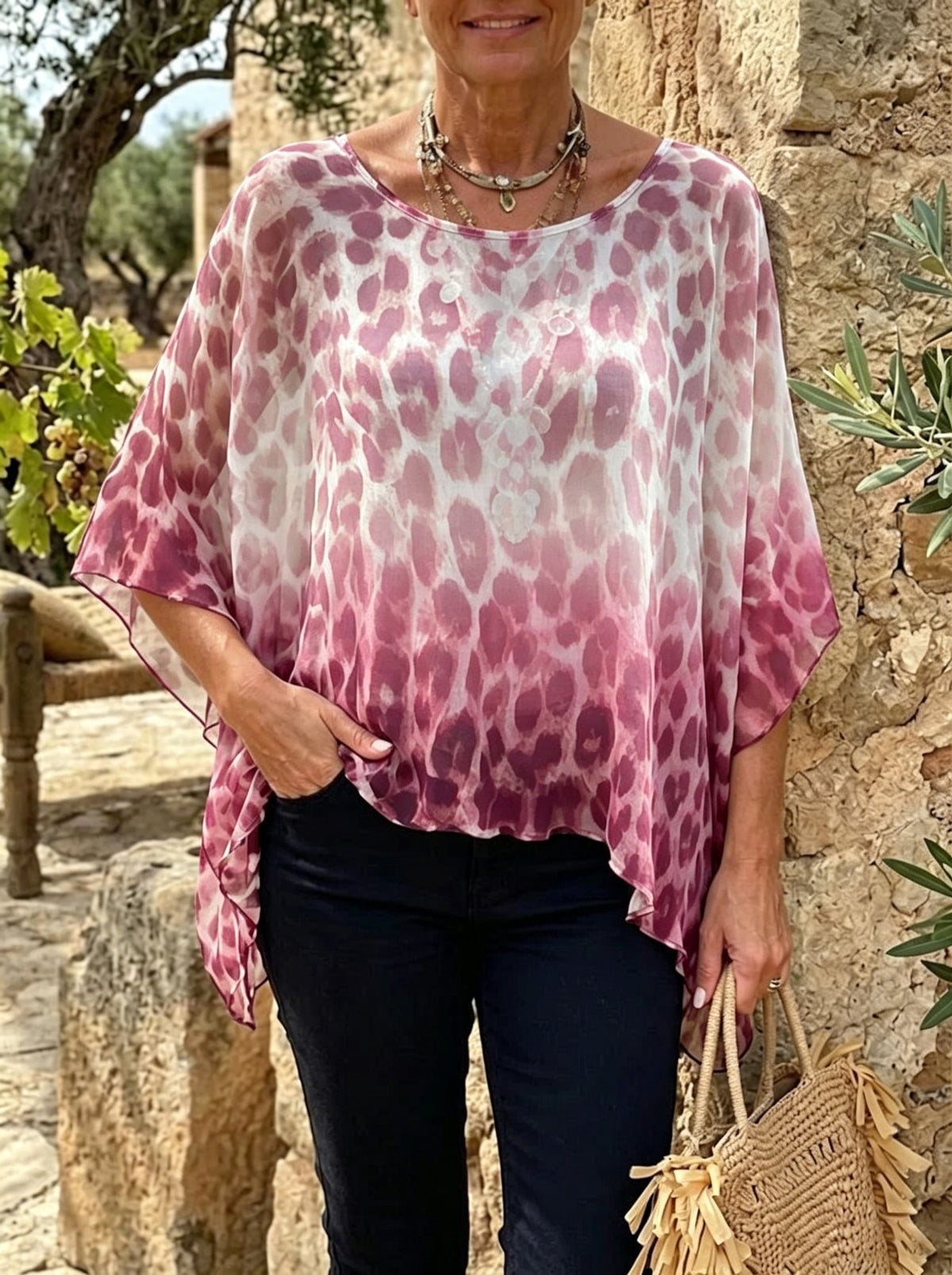 Women's Pink Leopard Ombre Batwing Top