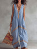 Women's Striped Print V-neck Sleeveless Casual Loose Cotton-linen Wide-leg Jumpsuit