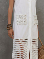 Women’s Crochet Patchwork Short Sleeve Button Front Shirt Maxi Dress
