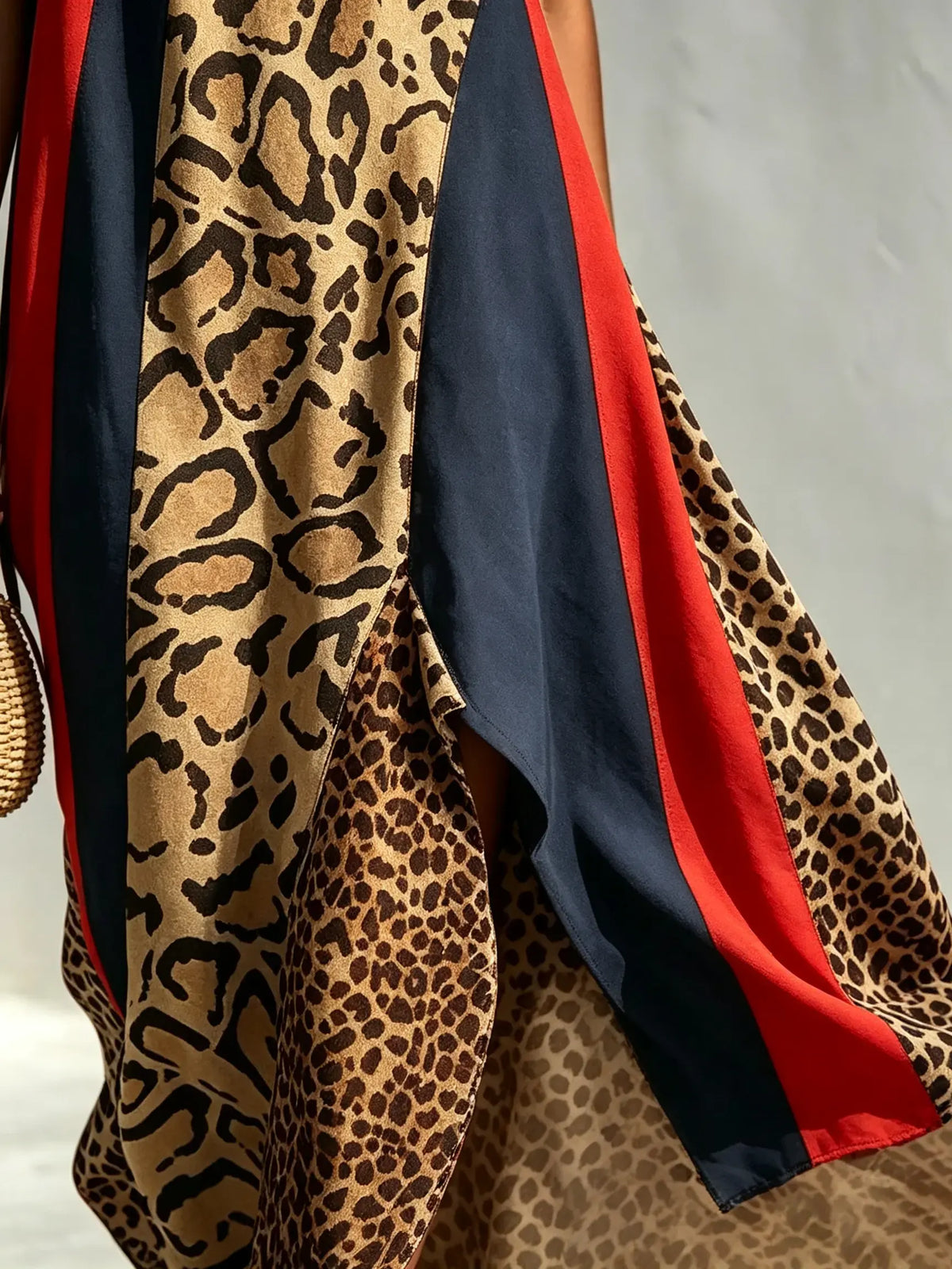 Women's Leopard Color Block Stripe Halter Slit Maxi Dress