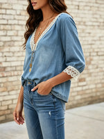 Women's Solid Lace V-Neck 3/4 Sleeve Denim Blouse