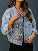 Wash Lapel Vintage Leopard Splice Cropped Loose Denim Jacket
