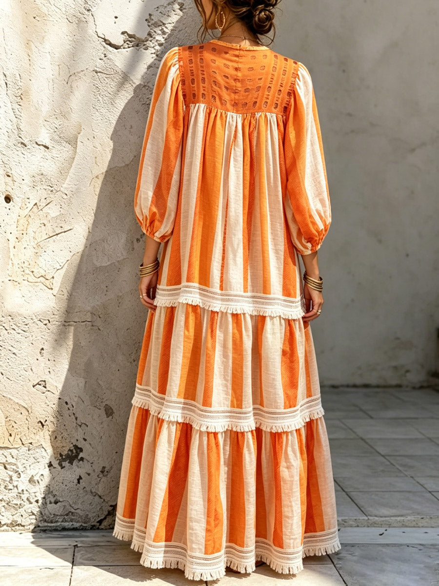 Women's Striped Loose Art Casual Stylish V-collar 3/4 Sleeve Maxi Dress