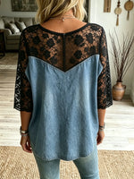 Women's Black Floral Lace Spliced Loose Denim Top