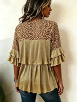 Women's Leopard Print Metallic Ruffle V Neck Blouse