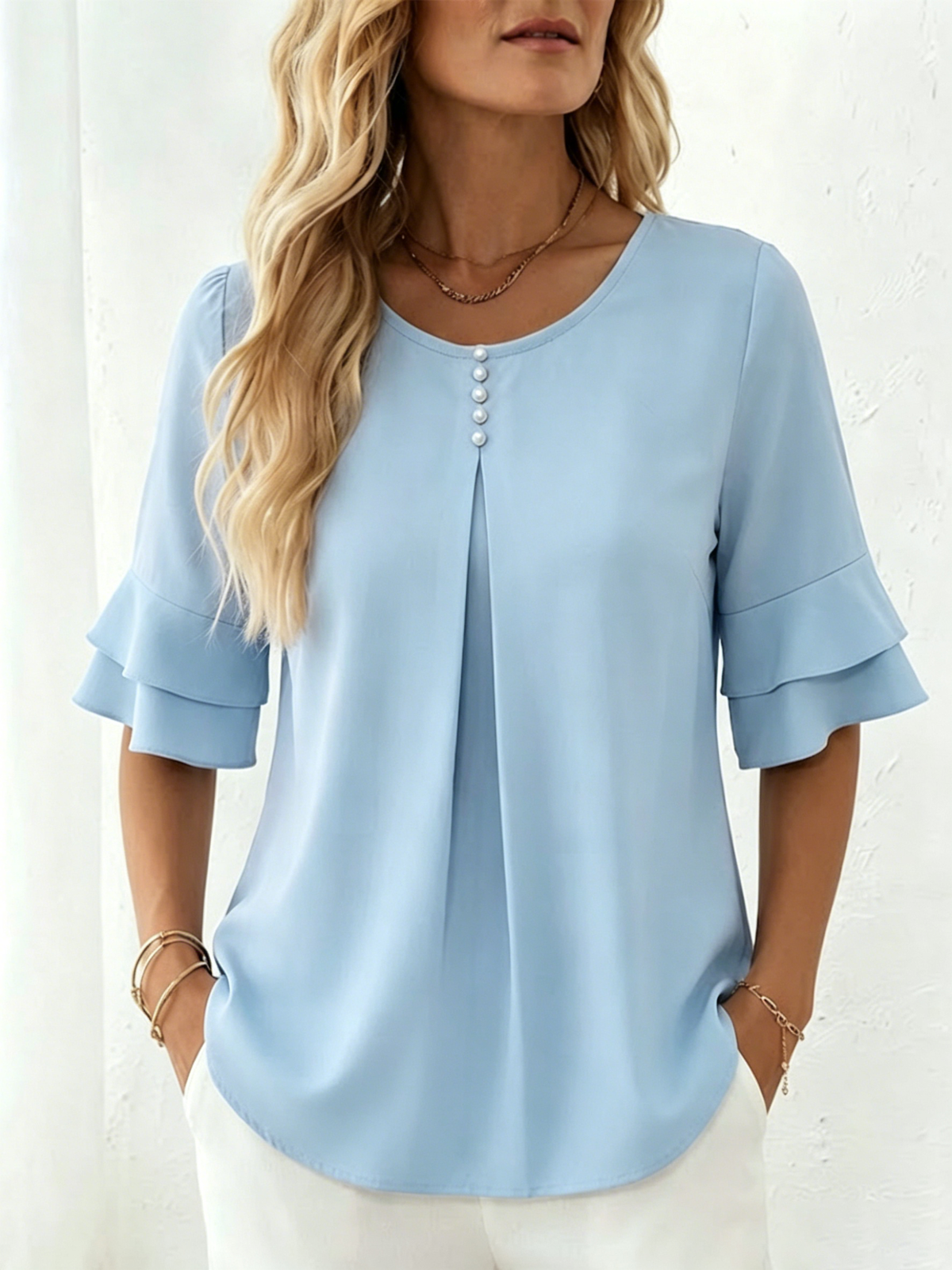 Loose-fit, Slimming Short-sleeved Shirt With Double-layer Ruffles