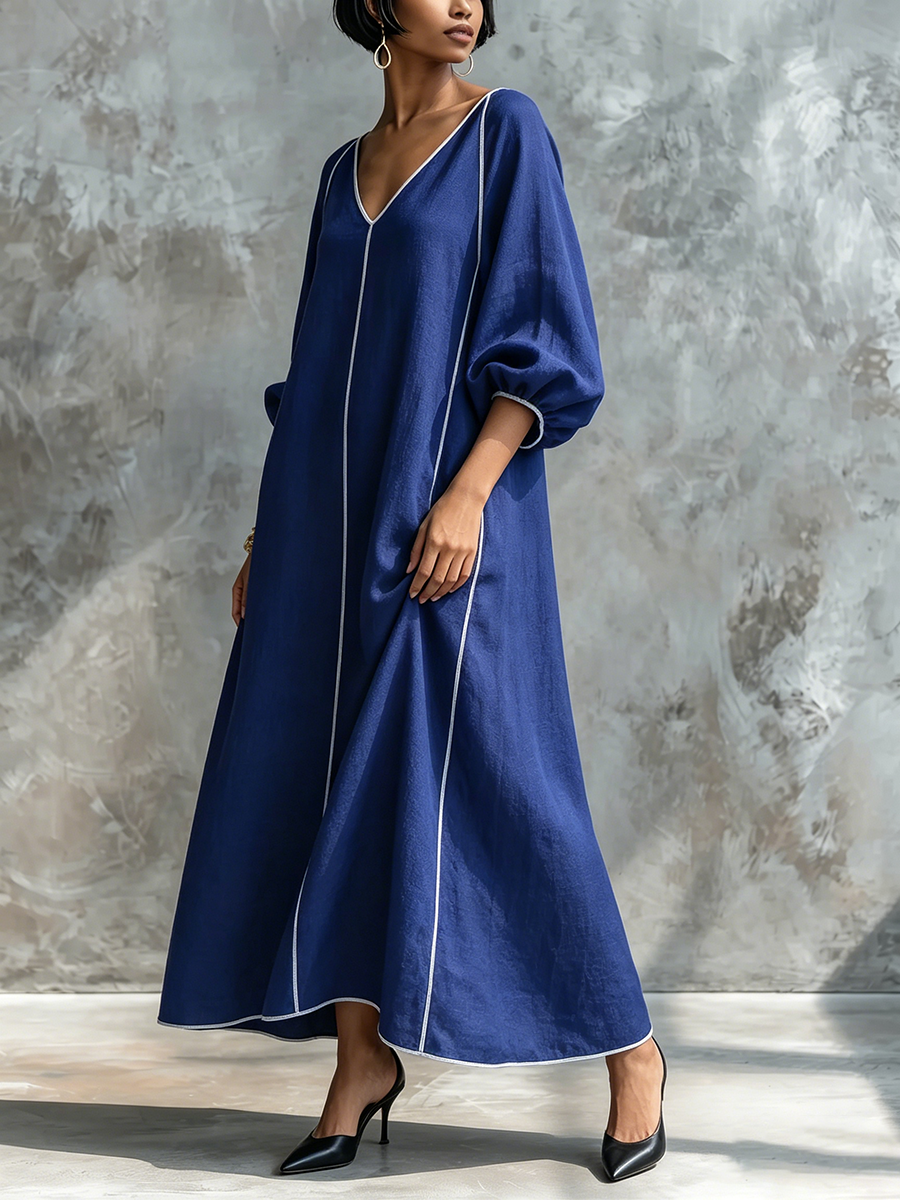 Minimalist Elegant Cotton-linen Lantern-sleeve Dress With Piping Detail