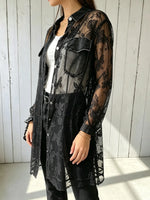 Women's Butterfly Lace Print Frayed Long Sheer Shirt Cardigan