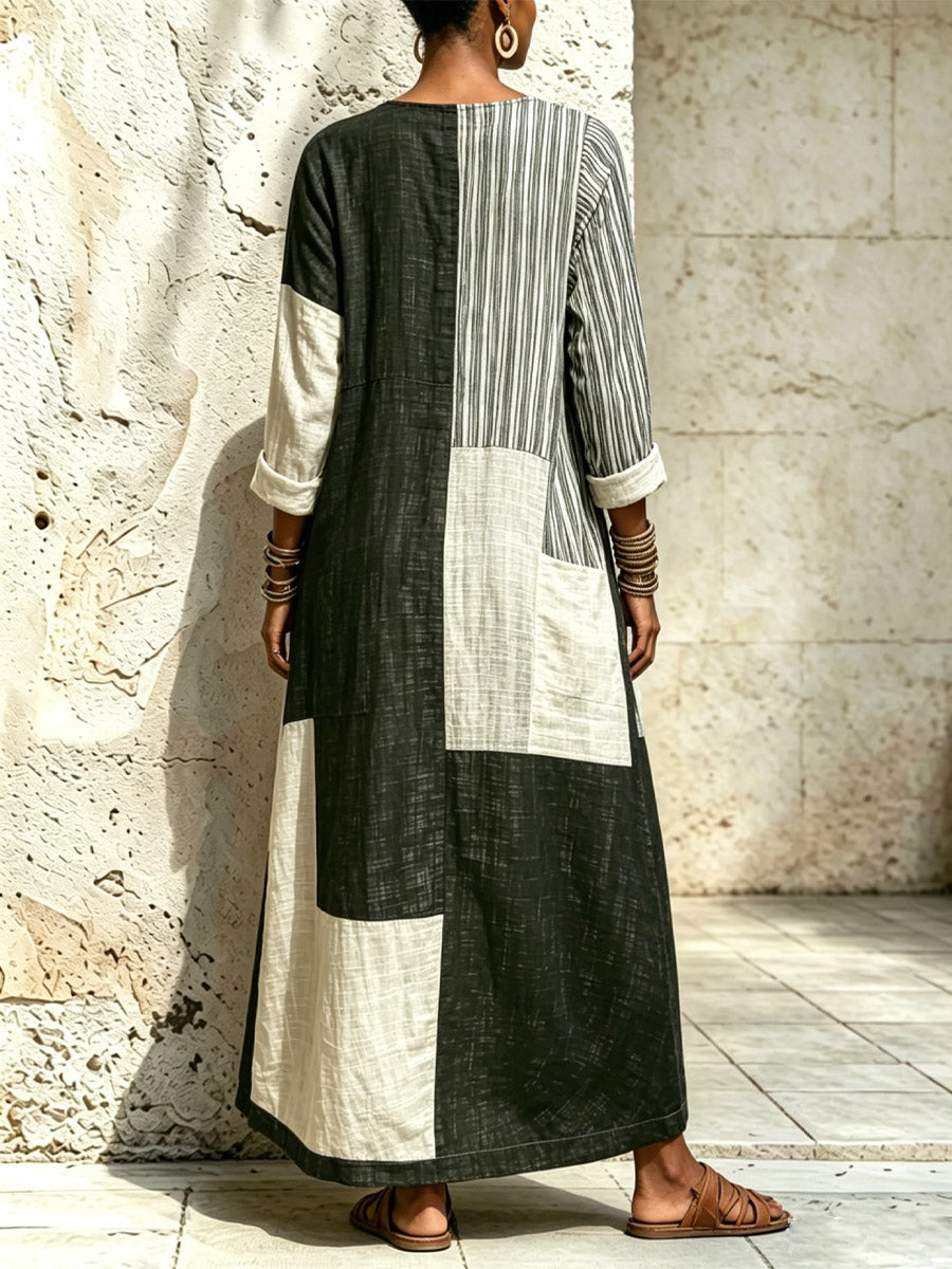 Women's Geometric Patchwork Loose Art Casual Stylish V-collar Long Sleeve Cotton Linen Dress