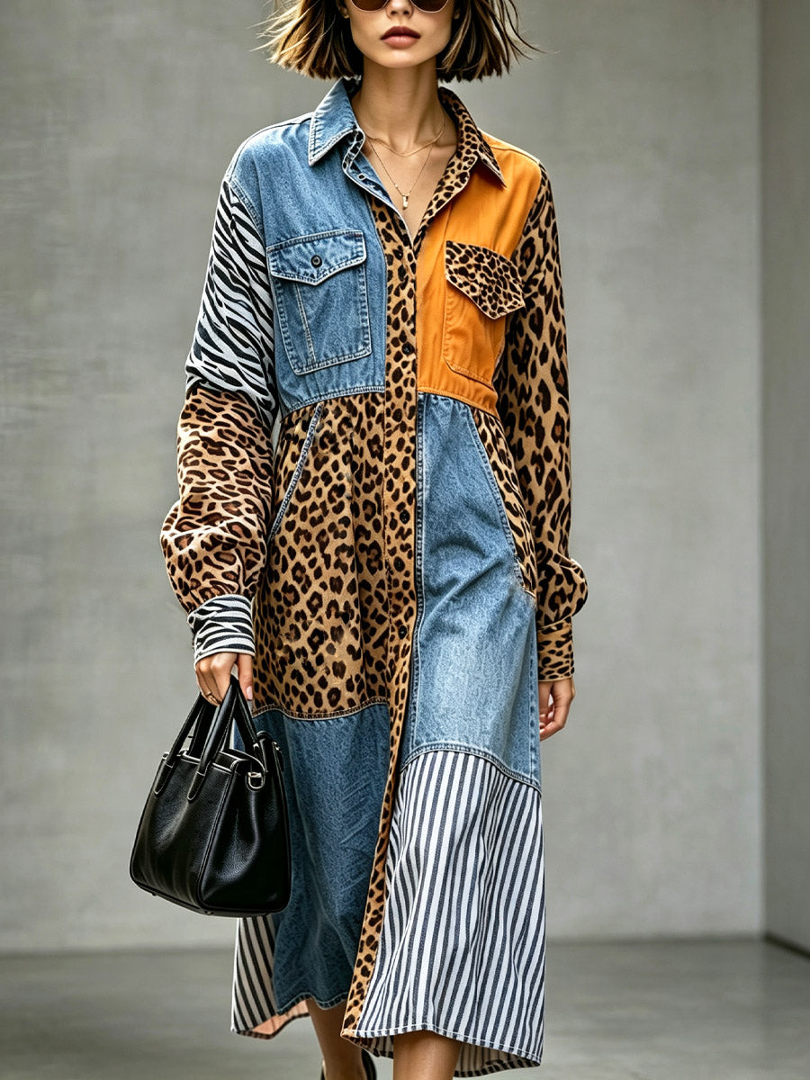 Retro Chic Leopard Denim Patchwork Loose Art Stylish Casual Long Sleeve Midi Dress