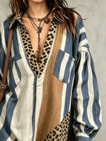 Women's Stripe Leopard Print Patchwork Loose Shirt Mini Dress