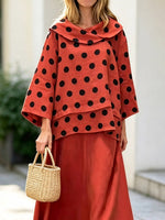 Retro Polka Dot Casual Cowl Neck Top And Skirt Cotton And Linen Two-piece Set