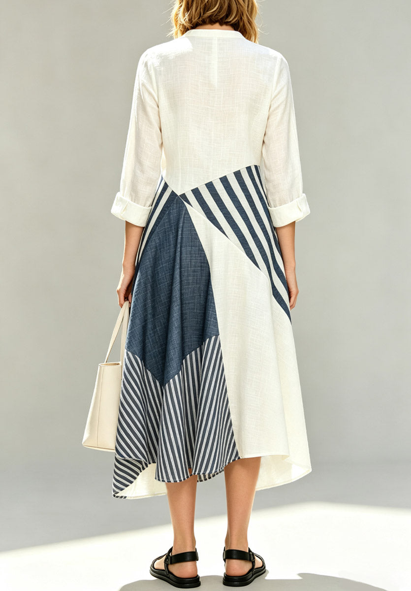 Color Block Stripe Patchwork Loose Art Stylish Casual Long Sleeve Midi Dress