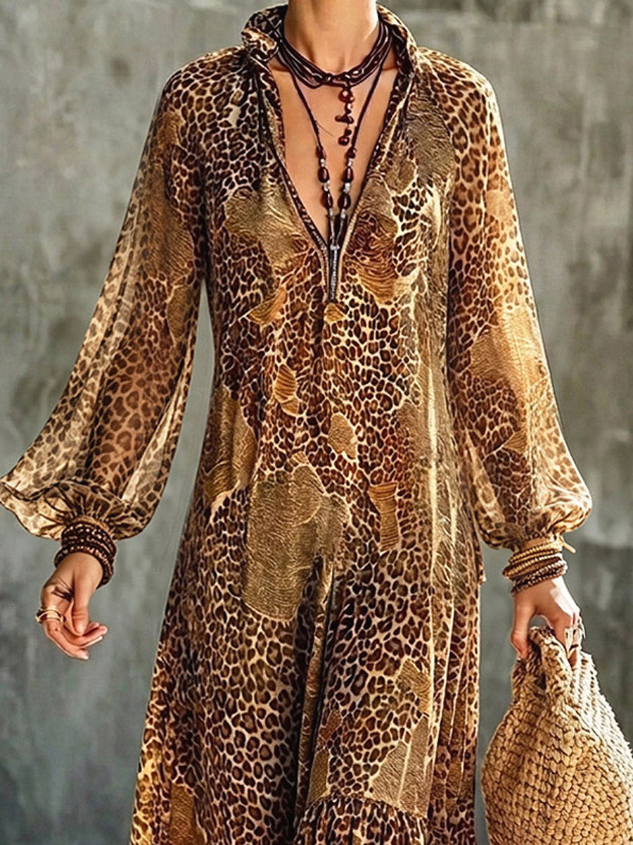 Retro Leopard Loose Chic Art Casual Long Sleeve Chiffon Dress