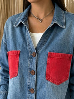Women’s Contrast Red Pocket Oversized Collared Long Sleeve Denim Shirt Jacket
