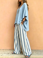 Women's Solid Loose V-Neck Top & Blue White Stripe Wide Leg Pants Set