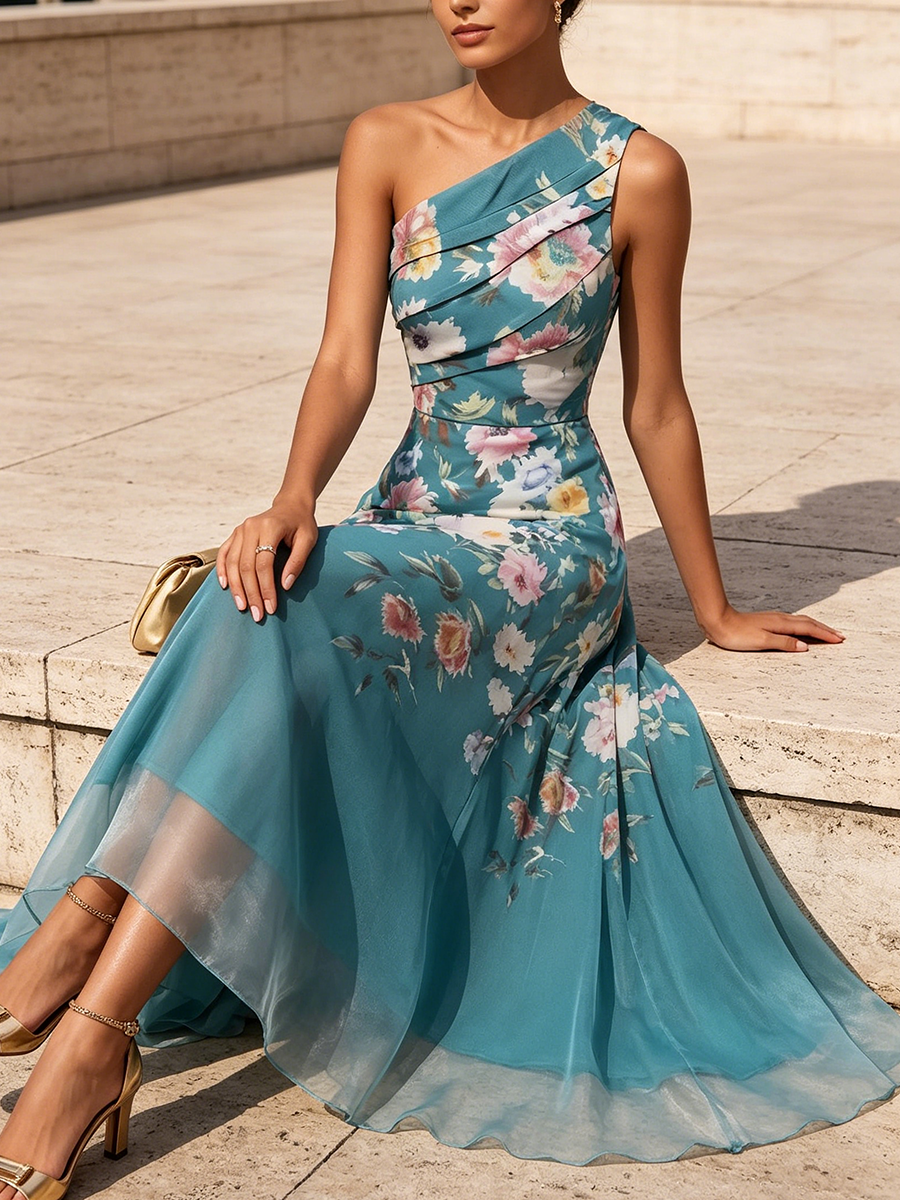 Elegant Vacation Party Floral Off-shoulder Midi Dress