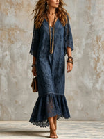 Women's V-Neck Floral Lace Ruffle Maxi Dress