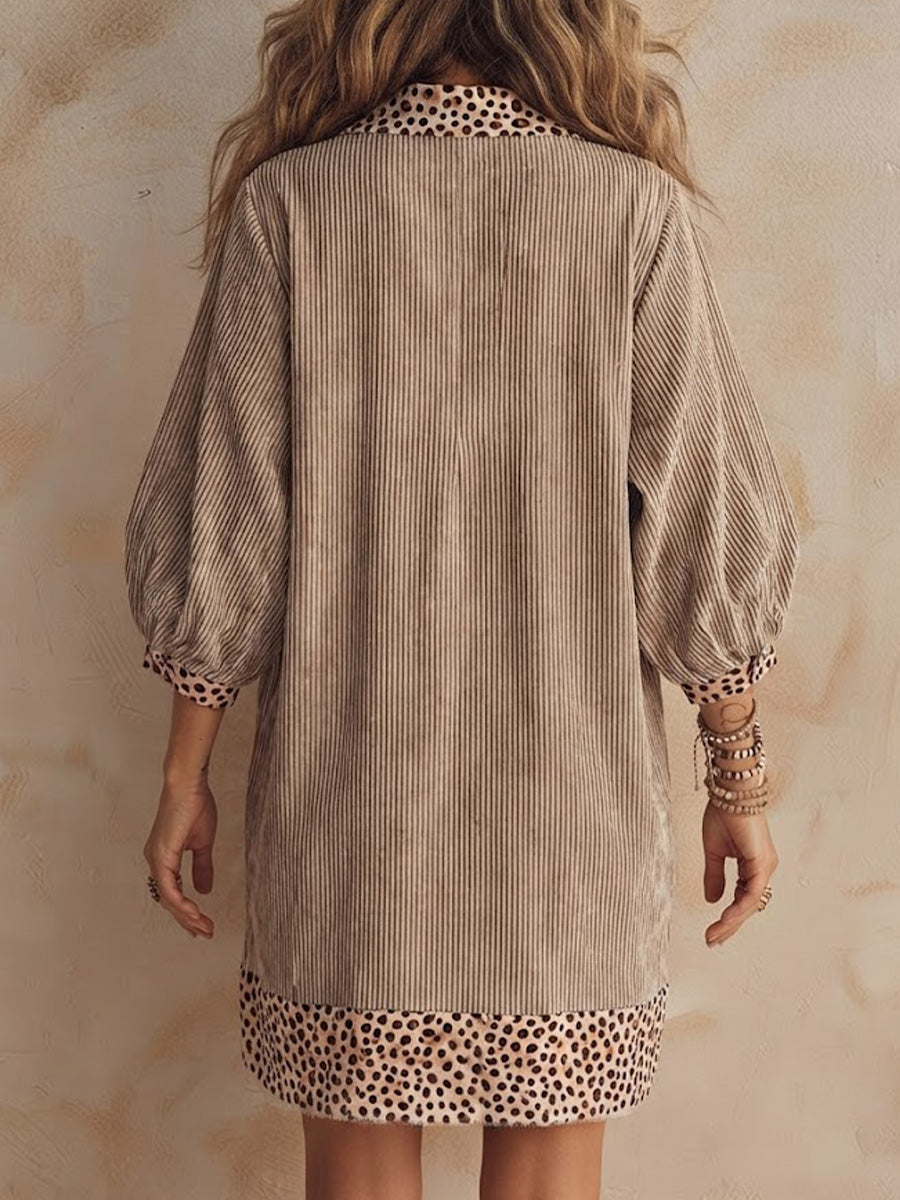 Casual Drop-shoulder Dress Featuring Vertical Stripes, An All-over Leopard Print, And Contrasting-color Panels At The Collar, Cuffs, And Hem